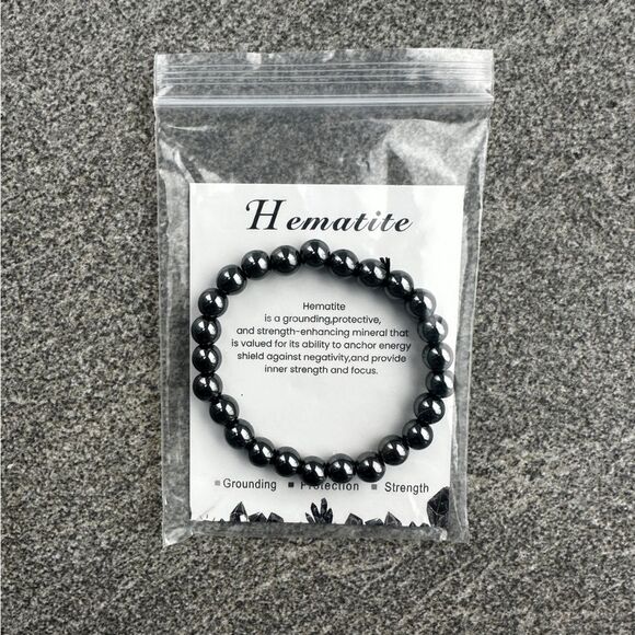 NEW Hematite 8mm Round Polished Bead Boho Hippie Stretch Unisex Silver Bracelet - Picture 7 of 7